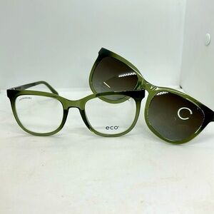 ECO Senna OGRN Olive GreenEyeglasses Frames & Polarized Sun Clip On. RXable. NWT